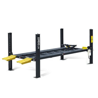 AMGO 408-P 4 post lift with yellow foldable ramps and non-slip platforms