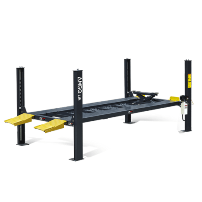 AMGO 408-P 4 post lift with yellow foldable ramps and non-slip platforms