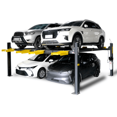 AMGO 409-DP double wide 4 post lift storing four vehicles in a garage