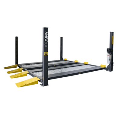 AMGO 409-DP four post parking lift with gray columns, diamond plate runways, and yellow approach ramps