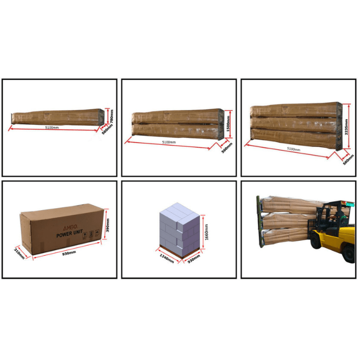 AMGO 409-HP 4 post lift packaging with crated runways, boxed parts, and forklift handling