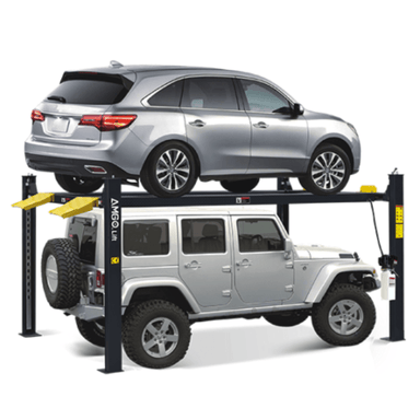 AMGO 409-HP 4 post lift storing SUV above Jeep for high-clearance garage parking