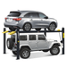 AMGO 409-HP 4 post lift storing SUV above Jeep for high-clearance garage parking