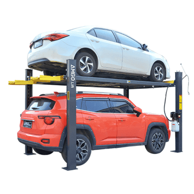 AMGO 409 four post parking lift with gray columns and elevated platform for vehicle storage