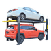 AMGO 409 four post parking lift with gray columns and elevated platform for vehicle storage