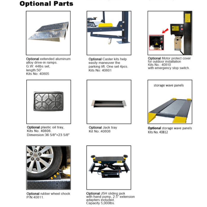 AMGO 4 post lift add-ons such as oil trays, motor covers, wheel chocks, and storage panels