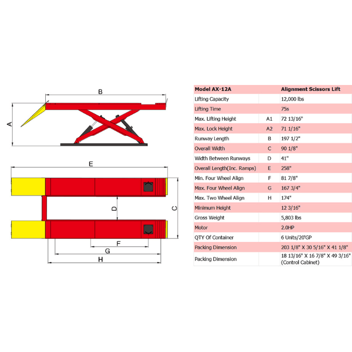 AMGO AX-12A Alignment Scissor Lift technical diagram with full dimensions and specifications table