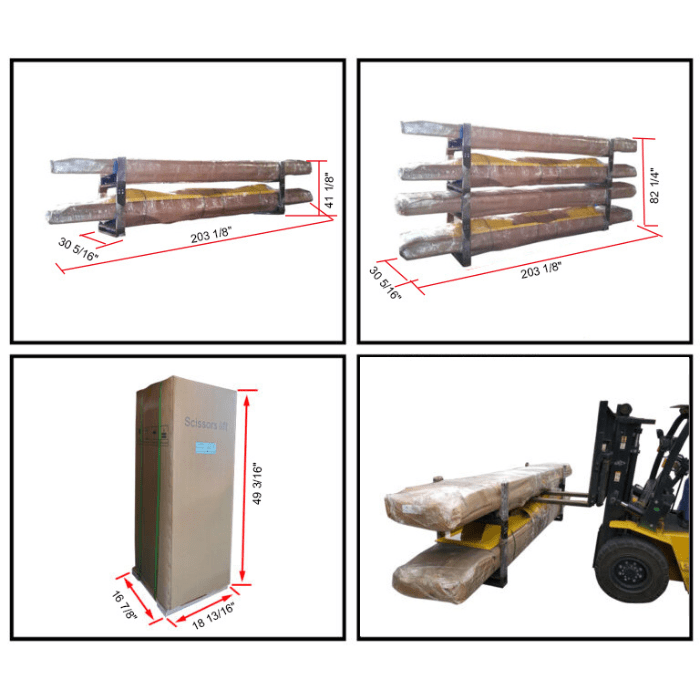 AMGO AX-12A Scissor Lift packaging dimensions showing crated lift sections and control cabinet ready for shipping