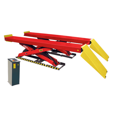 AMGO AX-12 12,000 lb scissor lift with red runways, X scissor frame, yellow approach ramps, and control console