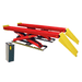 AMGO AX-12 12,000 lb scissor lift with red runways, X scissor frame, yellow approach ramps, and control console
