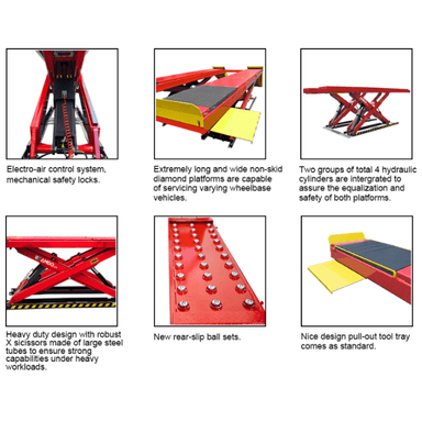 AMGO AX-16A lift feature images showing safety locks, wide diamond platforms, hydraulic cylinders, and X-frame design
