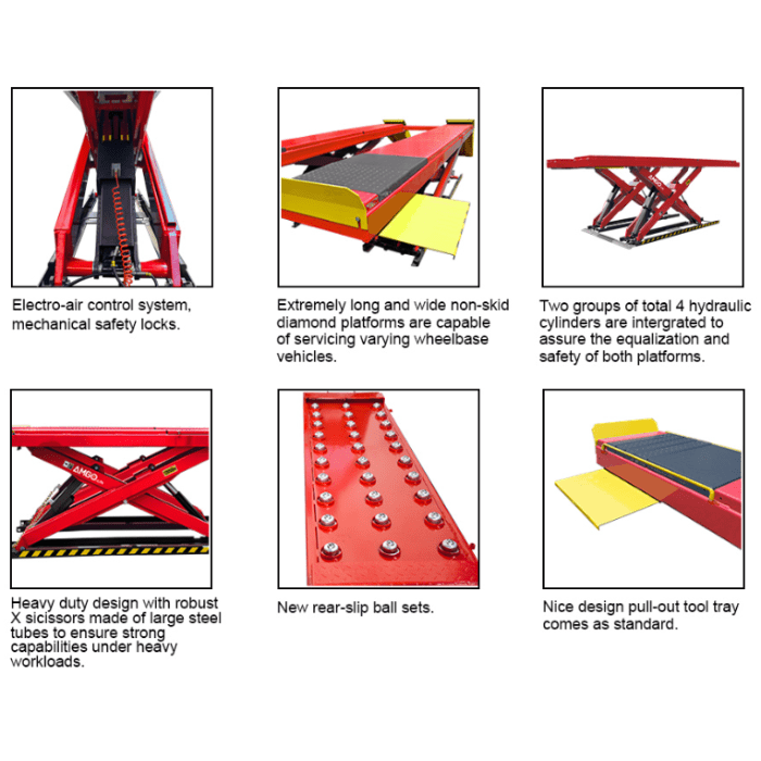 AMGO AX-16A lift feature images showing safety locks, wide diamond platforms, hydraulic cylinders, and X-frame design