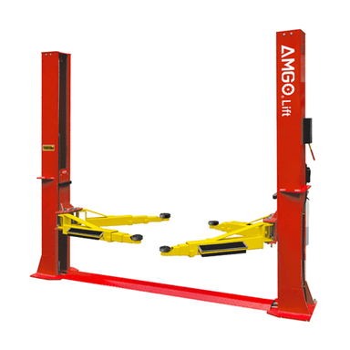 AMGO BP-10 two post car lift with red columns and yellow adjustable swing arms
