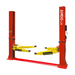 AMGO BP-10 two post car lift with red columns and yellow adjustable swing arms