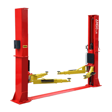 AMGO BP-12 two post car lift with red columns and yellow adjustable swing arms