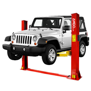 AMGO BP-9X 2 post lift holding up a white jeep