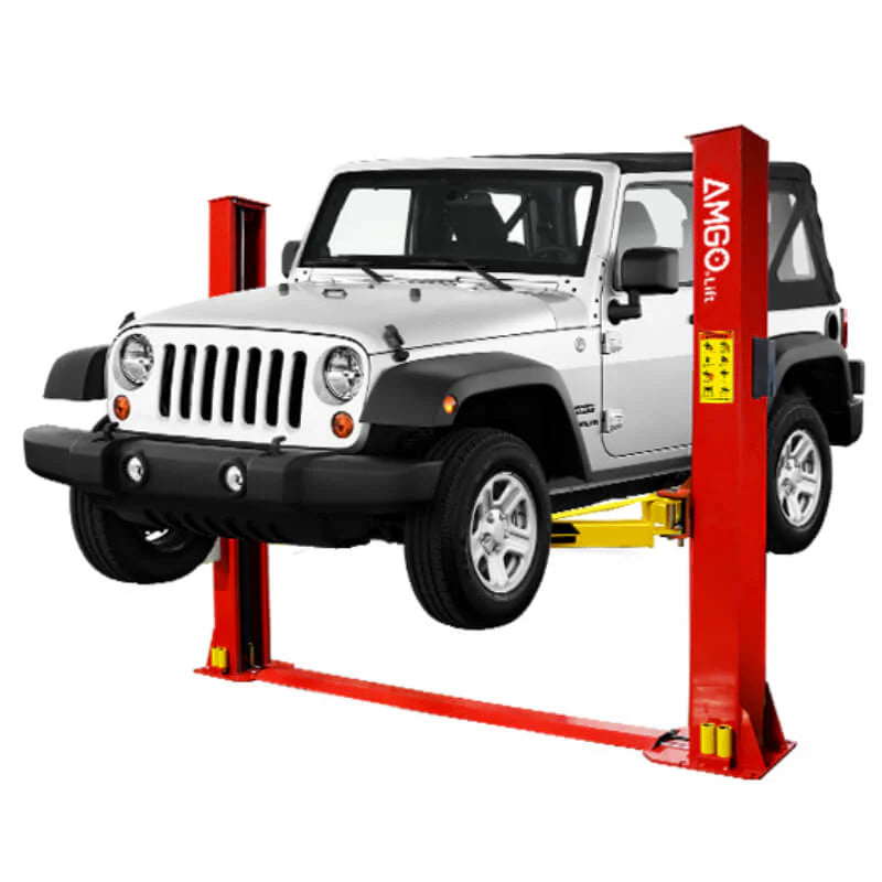 AMGO BP-9X 2 post lift holding up a white jeep