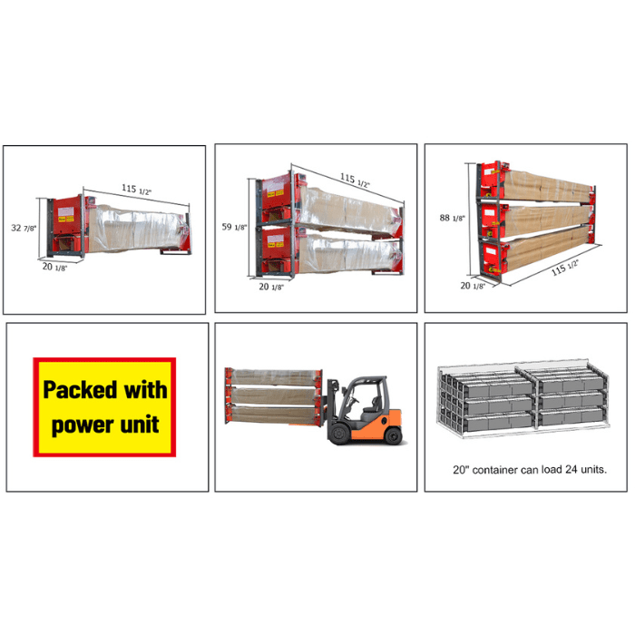 AMGO BP-9X shipping layout showing forklift handling and 20-foot container loading capacity