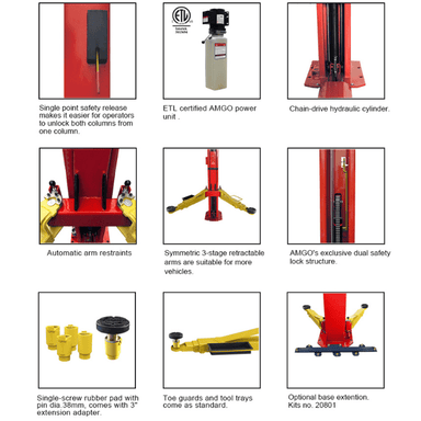 AMGO BP-9 two post vehicle lift with dual safety locks, 3-stage arms, and ETL certified power unit