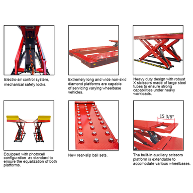 AMGO DX-12A lift features including hydraulic safety locks, diamond platforms, X-scissor structure, and auxiliary platform design