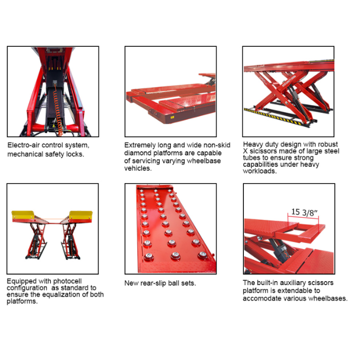 AMGO DX-12A lift features including hydraulic safety locks, diamond platforms, X-scissor structure, and auxiliary platform design
