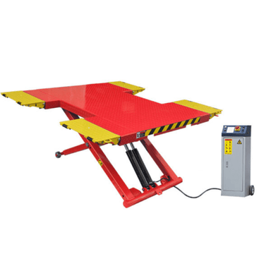 AMGO EM06 mid-rise scissor lift with hydraulic control box and safety ramps