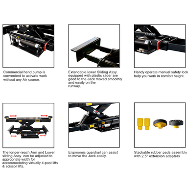 AMGO J5H rolling jack features including hand pump, adjustable arms, and rubber pads