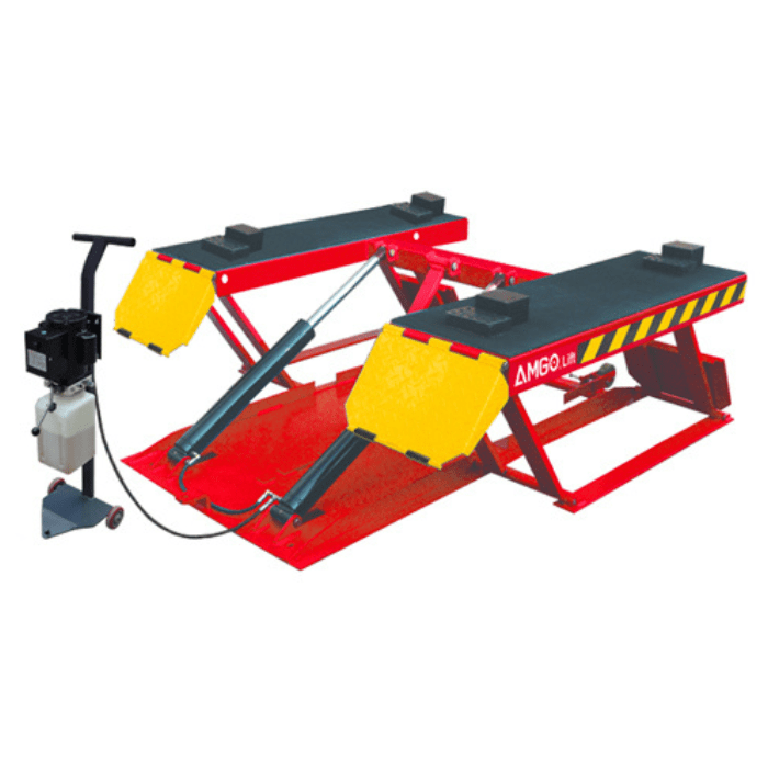 AMGO LR10 portable low rise lift with fold-out ramps and caster-mounted power unit
