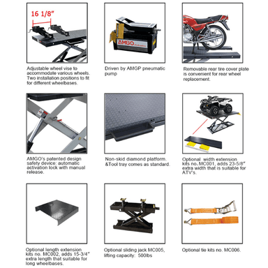 AMGO MC-1200P features including pneumatic pump, safety lock, and ATV extension kit