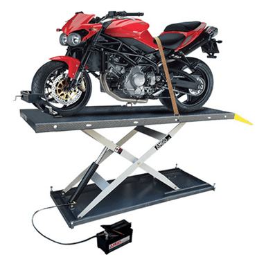 AMGO MC-1200P pneumatic motorcycle lift holding a red sport bike in a workshop