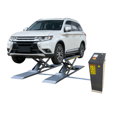 AMGO MRL09 9,000 lb mid rise scissor lift with low profile runways, shown lifting an SUV with control console