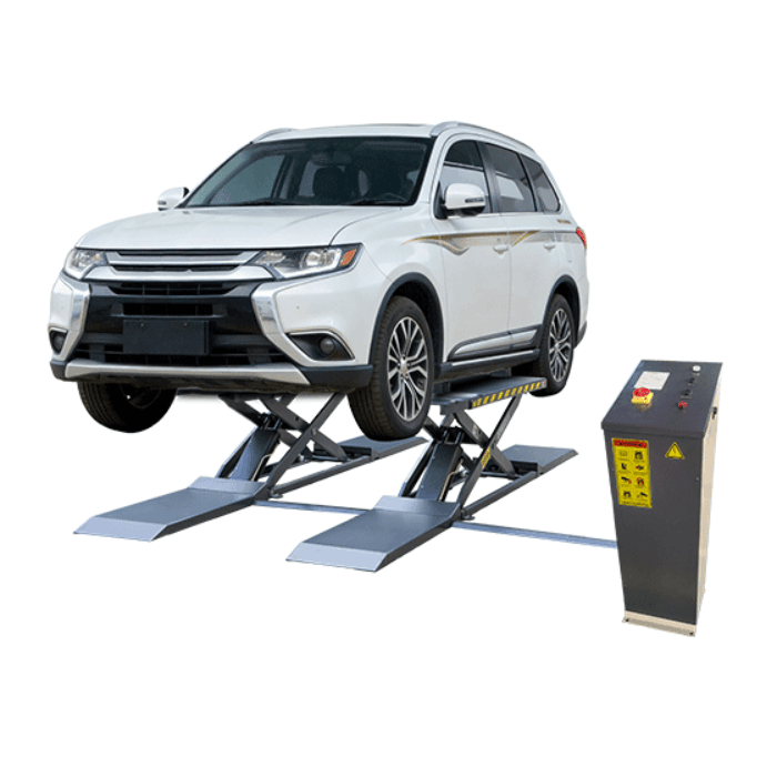 AMGO MRL09 9,000 lb mid rise scissor lift with low profile runways, shown lifting an SUV with control console
