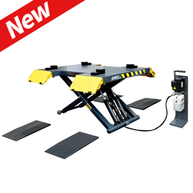 AMGO MRP06 mid-rise scissor lift with portable power unit and flip-up ramps