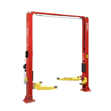 AMGO OHX-10 overhead two post car lift with red columns and yellow adjustable swing arms