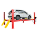 AMGO PRO-12ASX four post lift shown holding an SUV with red columns, runway platform, and yellow approach ramps