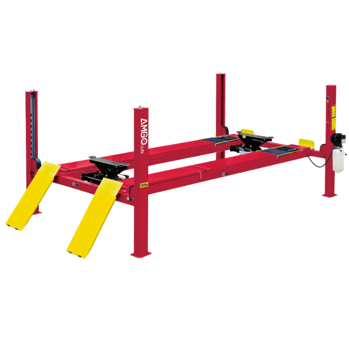 AMGO PRO-12A 4 post alignment lift in red with yellow ramps and rolling jacks