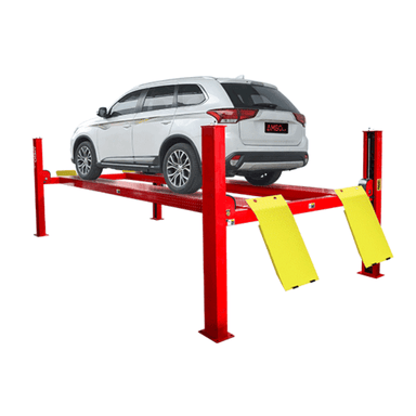 AMGO PRO-12SX four post lift shown holding an SUV with red columns, runway platform, and yellow approach ramps