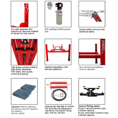 AMGO PRO-12 4 post lift exclusive features and available accessories