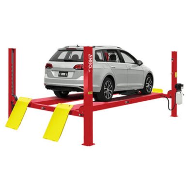 AMGO PRO-12 4 post lift in red holding a silver station wagon