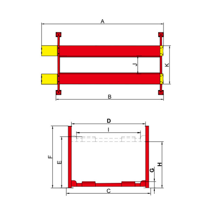 AMGO PRO-12 4 post lift technical dimensions diagram in red and yellow