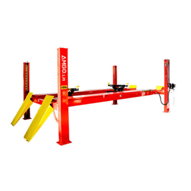 AMGO PRO-14A 14,000 lb 4 post alignment lift in red with yellow ramps