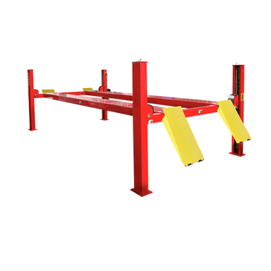 AMGO PRO-14E four post lift with red columns, runway platforms, and yellow approach ramps