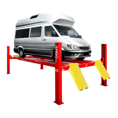 AMGO PRO-14E red 4 post lift holding a silver camper van with extended yellow ramps – heavy-duty commercial vehicle lift for shops
