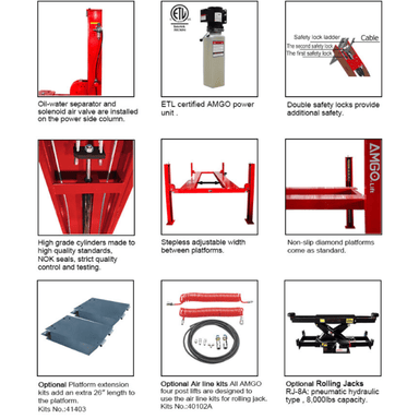 AMGO PRO-14 4 post lift features including safety locks, diamond platforms, and optional rolling jacks
