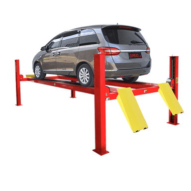AMGO PRO-14 four post lift shown holding a minivan with red columns, runway platform, and yellow approach ramps