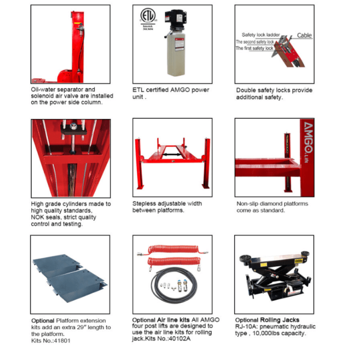 AMGO PRO-18 4 post lift features with safety locks, adjustable platforms, and optional accessories