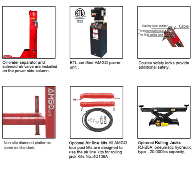 AMGO PRO-30E lift features – ETL power unit, safety locks, airline kit, and rolling jack