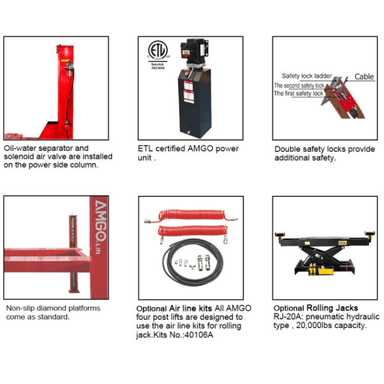 AMGO PRO-30 lift features – ETL power unit, safety locks, and optional rolling jack