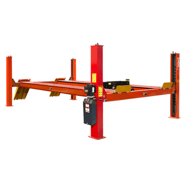 AMGO PRO-40E 40,000 lb four post extended service lift with red columns, extra long runways, and yellow approach ramps