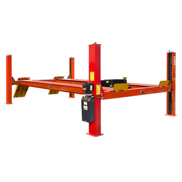 AMGO PRO-40E 40,000 lb four post extended service lift with red columns, extra long runways, and yellow approach ramps